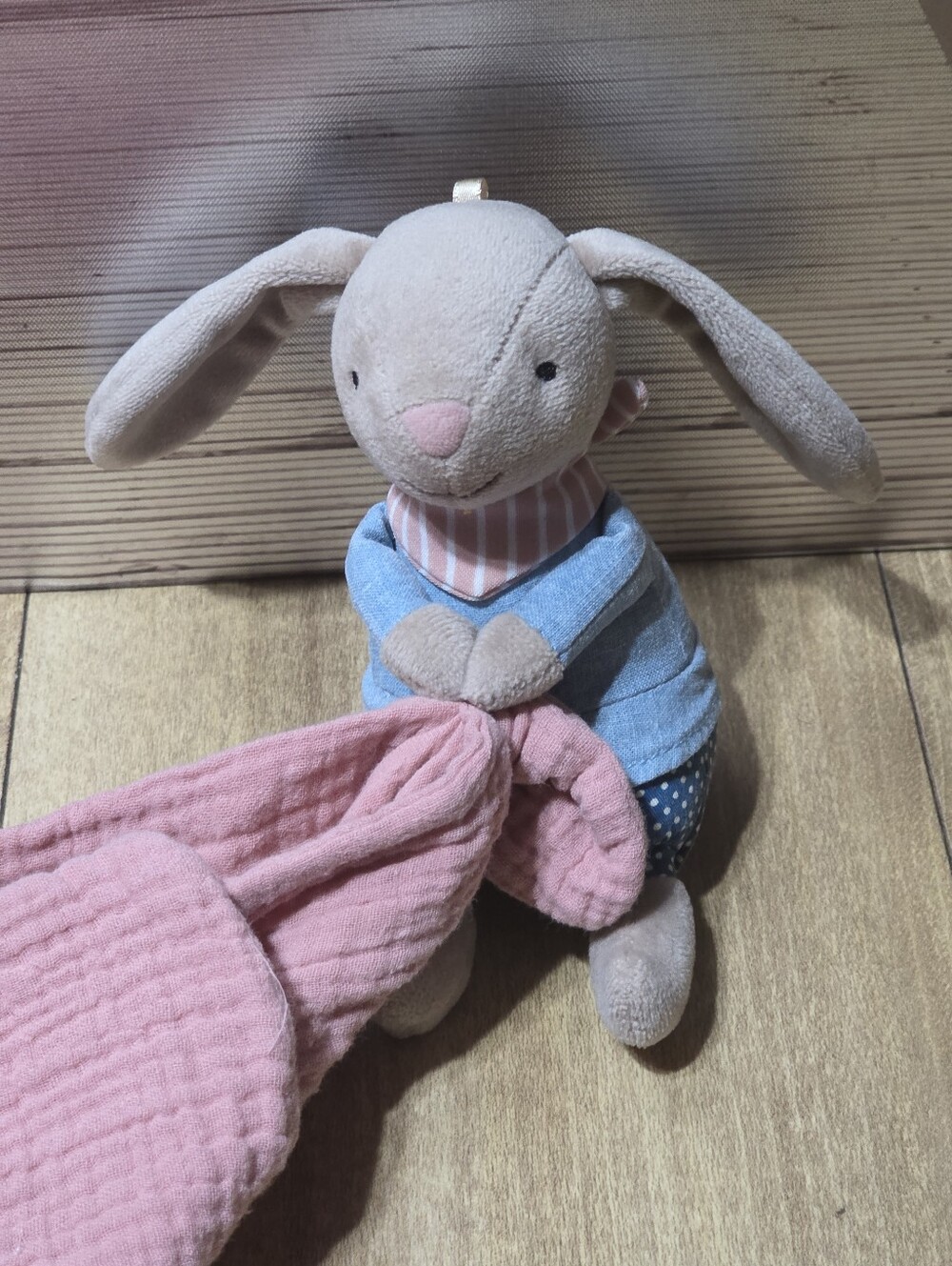 Jellycat Little Rambler Blue Polka Dot Bunny Soother Lovey with Pink Trim